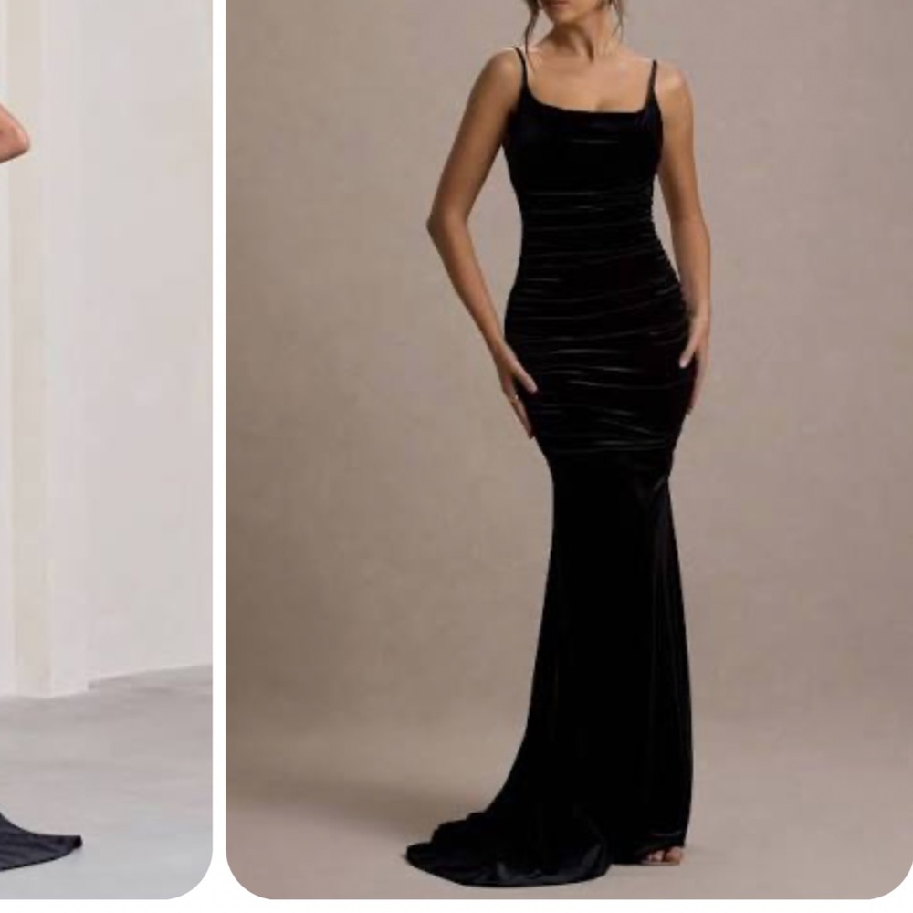 Club L London Adele Black Velvet Ruched Strappy Fishtail Maxi Dress